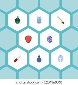 Set of gaming icons flat style symbols with grenade, shield, knight helmet and other icons for your web mobile app logo design.