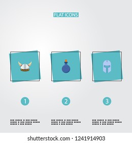 Set of gaming icons flat style symbols with mana potion, barbarian, knight helmet and other icons for your web mobile app logo design.