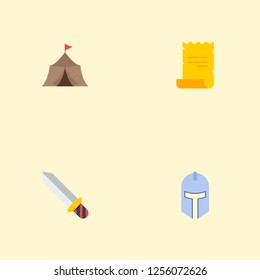 Set of gaming icons flat style symbols with knight helmet, medieval barracks, magical scrolled and other icons for your web mobile app logo design.