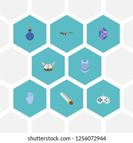 Set of gaming icons flat style symbols with barbarian, mana potion, gauntlet and other icons for your web mobile app logo design.