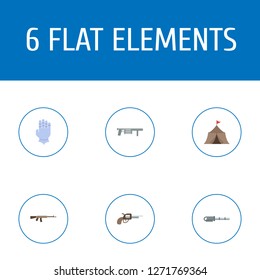 Set of gaming icons flat style symbols with gauntlet, gatling gun, medieval barracks and other icons for your web mobile app logo design.