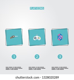 Set of gaming icons flat style symbols with joystick, crystal, gun and other icons for your web mobile app logo design.