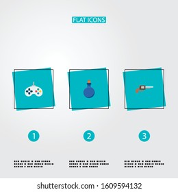 Set of gaming icons flat style symbols with gun, mana potion, joystick and other icons for your web mobile app logo design.