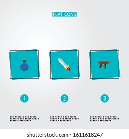 Set of gaming icons flat style symbols with sword, mana potion, submachine and other icons for your web mobile app logo design.