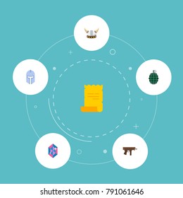 Set of gaming icons flat style symbols with grenade, barbarian, magical scrolled and other icons for your web mobile app logo design.