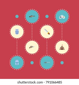 Set of gaming icons flat style symbols with sniper rifle, joystick, medieval barracks and other icons for your web mobile app logo design.