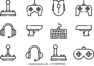 Conjunto de iconos de juegos que incluyen controladores, auriculares y teclados aislados sobre fondo transparente