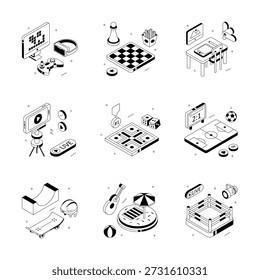 Conjunto de jogos e atividades de lazer ilustrações isométricas em estilo moderno