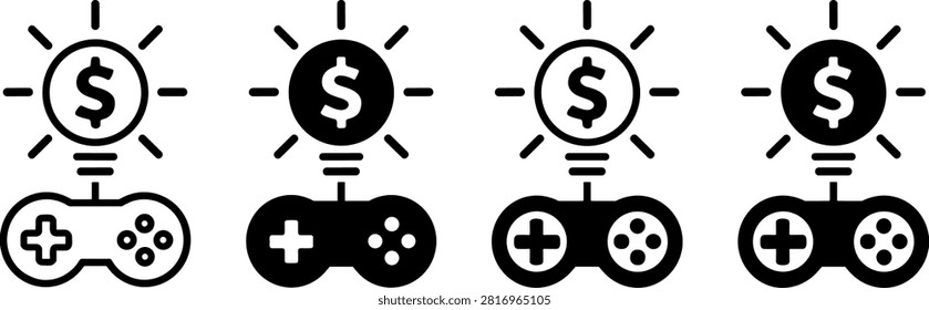 A set of gaming monetization icons combining game controllers with a dollar lightbulb idea symbol, in various line and solid style variations. Perfect for play-to-earn games, gaming finance, esports monetization, mobile game UI, and cryptocurrency gaming concepts.