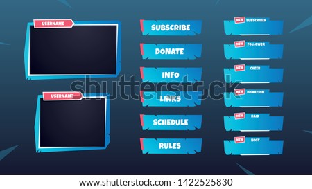 Set of gaming panels, facecam frames and overlays for live streamers. 16:9 and 4:3 screen resolution.  Inspired by battle royale videogames. Editable colors.