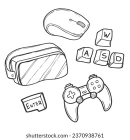 Set of gaming, playing icon doodles. Hand drawn sketched. Vector Illustration.