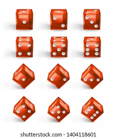 Set of gaming red dice in different position isolated on white background. Vector illustration.