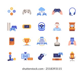 Set of gaming related icons. Colorful signs with gamepad, gaming chair, console, mouse and virtual reality glasses. Design elements for app. Flat vector illustration collection isolated on background