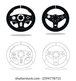 Set of gaming steering wheel silhouette bundle with videogame playing buttons illustration