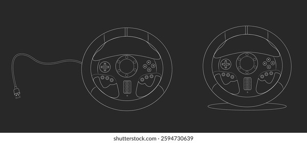 Set of gaming steering wheel with usb cable vector line art
