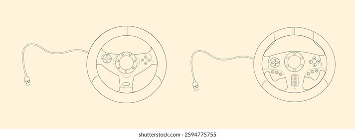Set of gaming steering wheel with usb cable vector line art illustration