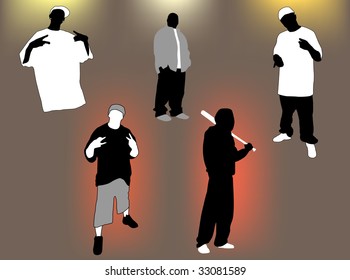 Set of gangsta 5 poses and attitudes. Ideal for street and/or hip hop oriented design, files in eps format compatible illustrator 8.