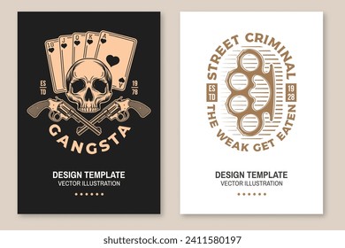 Cartel de pandillas, afiche. Ilustración vectorial. Etiqueta monocroma vintage, pegatina, parche con mangueta, cráneo esqueleto y silueta de tarjetas de balancín