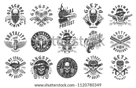 Set of gangster emblems in monochrome style. Vector illustration