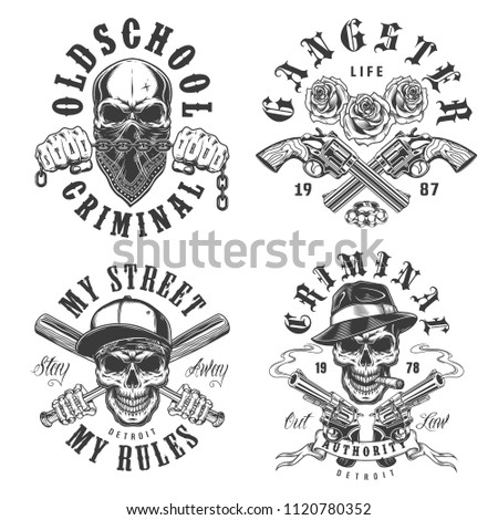 Set of gangster emblems in monochrome style. Vector illustration