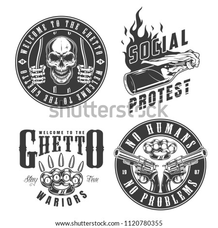 Set of gangster emblems in monochrome style. Vector illustration