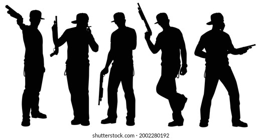 Set Of Gangster Men With Shotgun Silhouette Vector On White Background