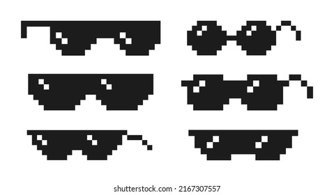 Set of gangster sunglasses. Pixelated set isolated on a white background. Vector illustration.