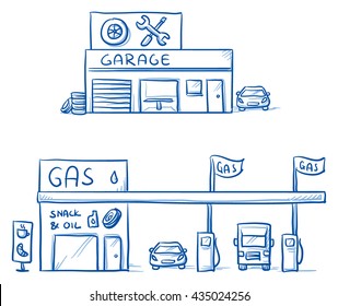 Set of garage, car repair shop and gas station, service station. Hand drawn cartoon vector illustration.