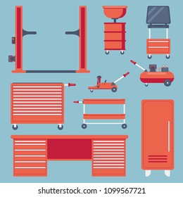 Set of garage equipment. Devices for diagnosing the maintenance and repair of a car. Garage interior constructor. Flat vector illustrations.