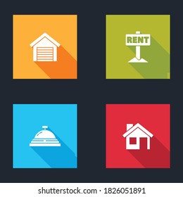 Set Garage, Hanging sign with Rent, Hotel service bell and House icon. Vector.