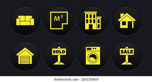 Set Garage, House, Hanging sign with text Sold, Washer, plan, Sale and Sofa icon. Vector