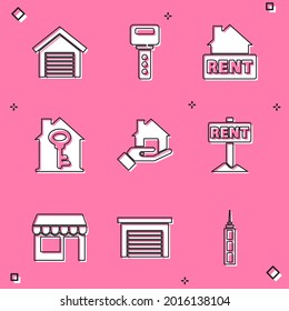 Set Garage, House key, Hanging sign with Rent, Realtor, Market store and  icon. Vector
