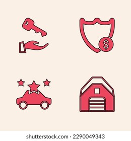 Set Garage, House key, Shield with dollar and Car sharing icon. Vector