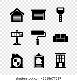 Set Garage, House key, under protection, contract, Hanging sign with Rent and Paint roller brush icon. Vector