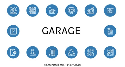 Set of garage icons such as Smart home, Building, Cottage, Brake, Garage, Smart house, Real estate, Apartment, Mechanic, Overheat, Parking, Lubricant , garage