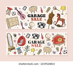 Set of garage sale concept illustration. Garage promotional sale horizontal banner with hand drawn furniture and vintage accessories