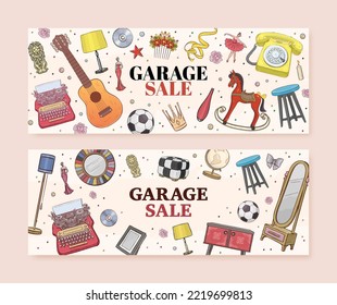 Set of garage sale concept illustration. Garage promotional sale horizontal banner with hand drawn furniture and vintage accessories