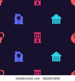 Set Garage, Search house, House and Man dreaming about buying on seamless pattern. Vector.