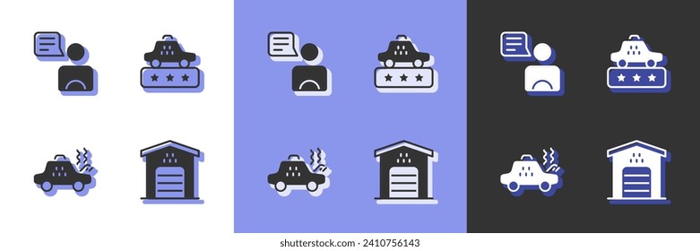 Set Garage for taxi car, Taxi driver, Broken and service rating icon. Vector