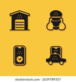Set Garage for taxi car, Taxi mobile app,  and driver icon with long shadow. Vector