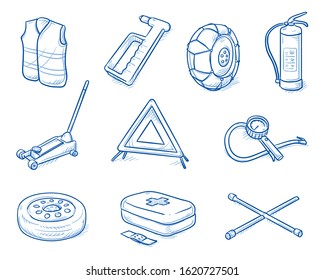 Set of garage tools, as safety vest, car jack, snow chain, triangle, wrench, and fire extinguisher. Hand drawn line art cartoon vector illustration.