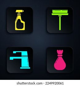 Set Garbage bag , Cleaning spray bottle with detergent liquid , Water tap  and Squeegee, scraper, wiper. Black square button. Vector