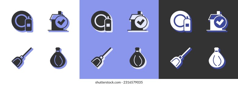 Set Garbage bag, Dishwashing bottle and plate, Dustpan and Home cleaning service icon. Vector