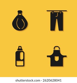 Set Garbage bag, Kitchen apron, Bottle for detergent and Drying clothes icon with long shadow. Vector