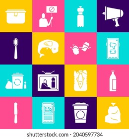 Set Garbage bag, Lotion cosmetic tube, Megaphone mobile, Bottle of water, Environment protection whale dead, Disposable plastic spoon, Lunch box and Problem pollution the ocean icon. Vector