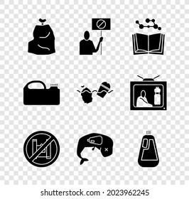 Set Garbage bag, Open book, Say no to plastic bags poster, Environment protection whale dead, Bottle for dishwashing liquid, Canister machine oil and Problem pollution of the ocean icon. Vector