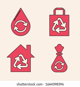 Set Garbage bag with recycle, Recycle clean aqua, Paper shopping bag with recycle and Eco House with recycling symbol icon. Vector