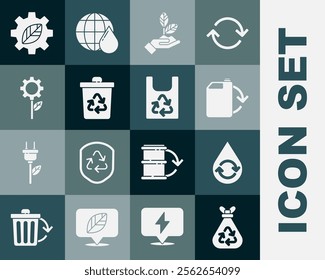 Set Garbage bag with recycle, Recycle clean aqua, Eco fuel canister, Plant in hand, bin, Leaf plant gear machine,  and Plastic icon. Vector