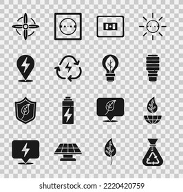 Set Garbage bag with recycle, Earth globe and leaf, LED light bulb, Electrical outlet, Battery, Lightning bolt, Wind turbine and  icon. Vector