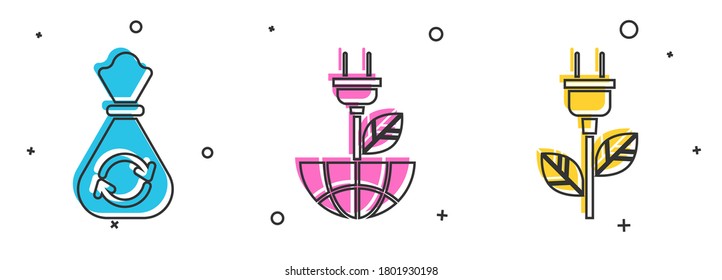 Set Garbage bag with recycle, Electric saving plug in leaf and Electric saving plug in leaf icon. Vector